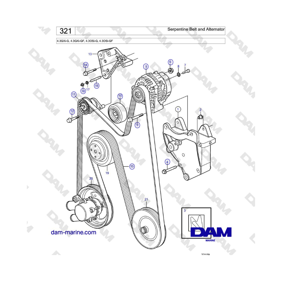 Volvo Penta 4.3L GXI-G / 4.3L GXI-GF - Serpentine Belt and Alternator