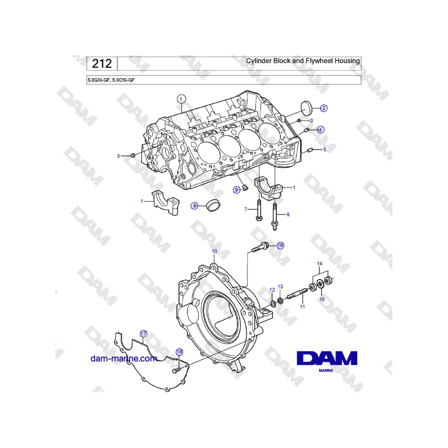 Volvo Penta 5.0GXi-GF, 5.0OSI-GF - Cylinder Block and Flywheel Housing