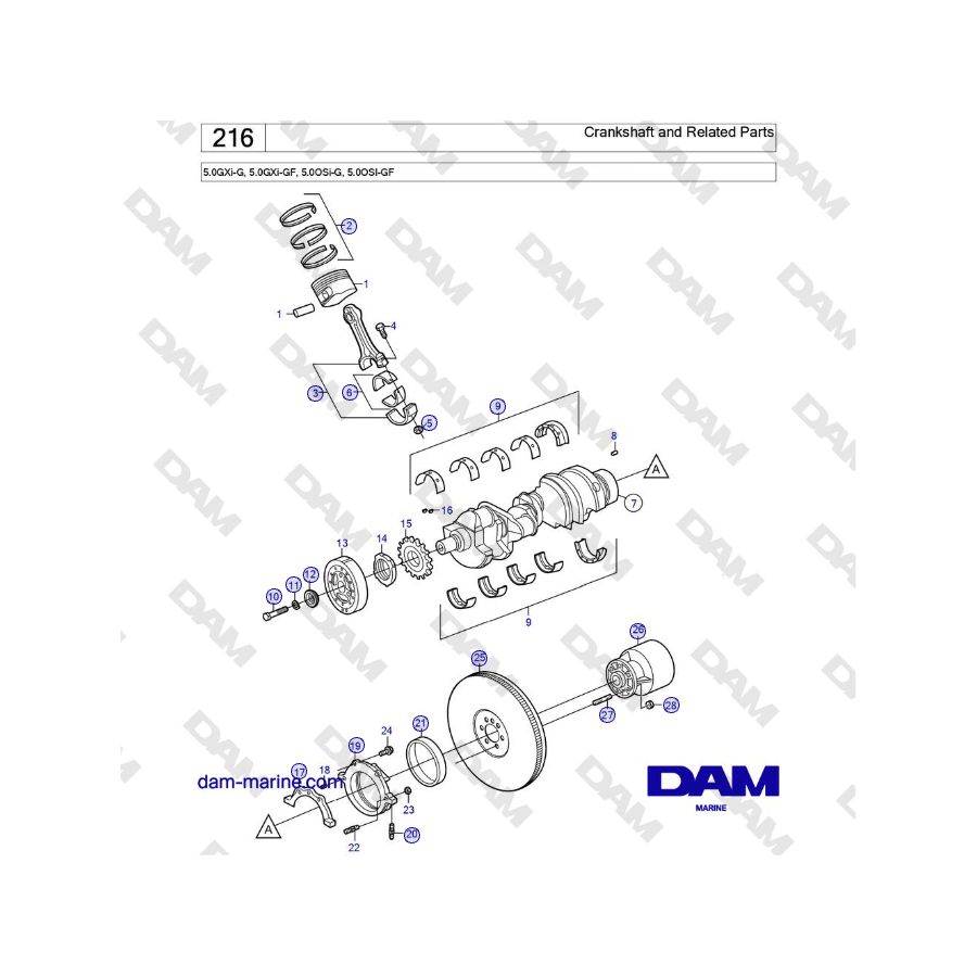 Volvo Penta 5.0GXi-G, 5.0GXi-GF, 5.0OSi-G, 5.0OSI-GF - Crankshaft and Related Parts