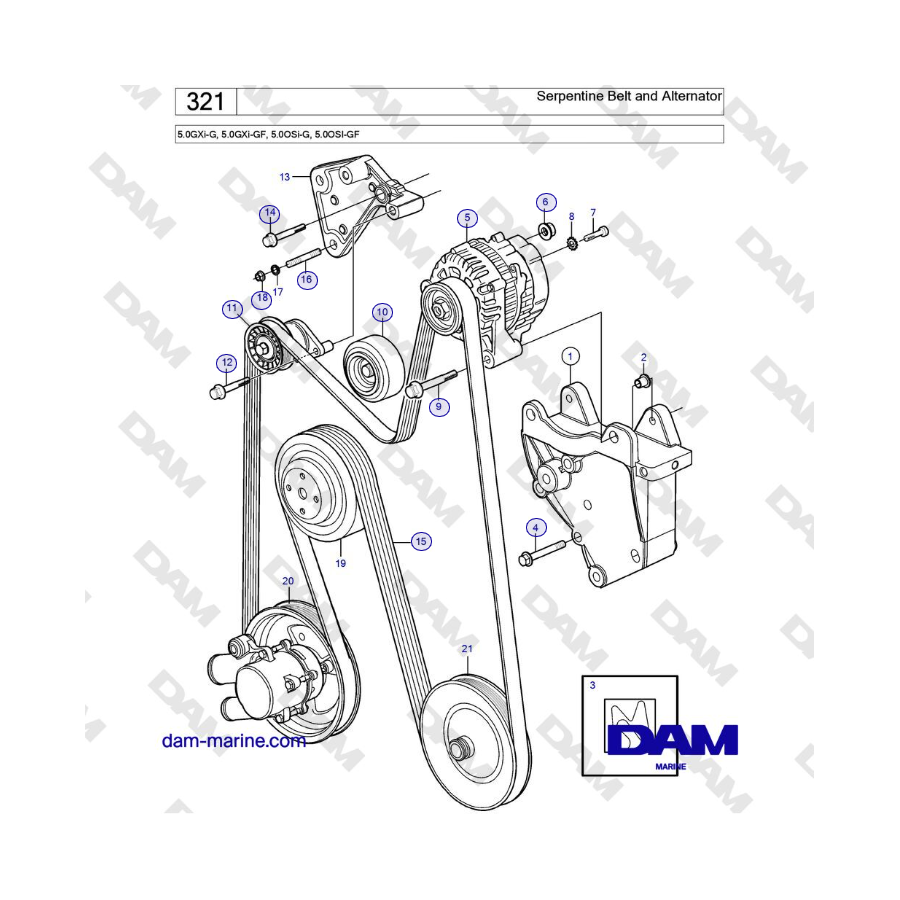 Volvo Penta 5.0L GXI-G / 5.0L GXI-GF / 5.0L OSI-G / 5.0L OSI-GF - Serpentine Belt and Alternator