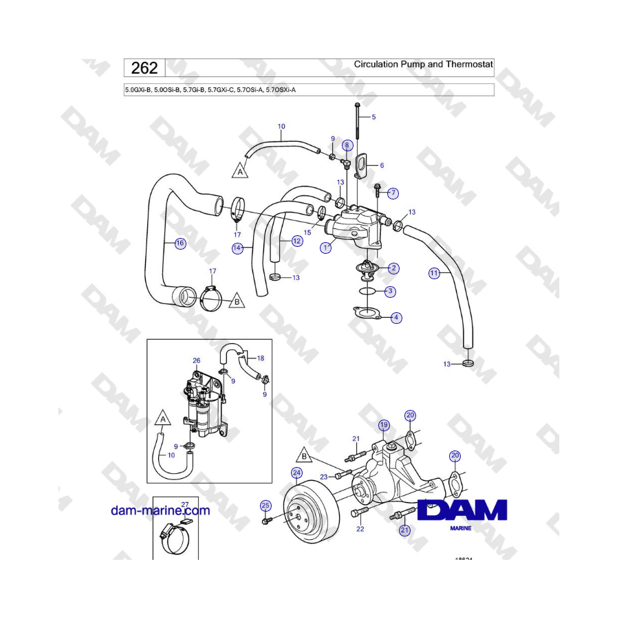 Volvo Penta 5.0GXi-B, 5.0OSi-B, 5.7Gi-B, 5.7GXi-C, 5.7OSi-A, 5.7OSXi-A - Circulation Pump and Thermostat