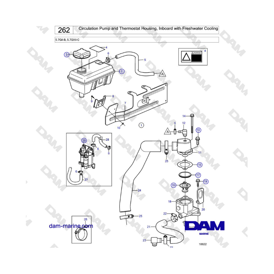 Volvo Penta 5.7GiI-B, 5.7GXiI-C - Circulation Pump and Thermostat Housing, Inboard with Freshwater Cooling 