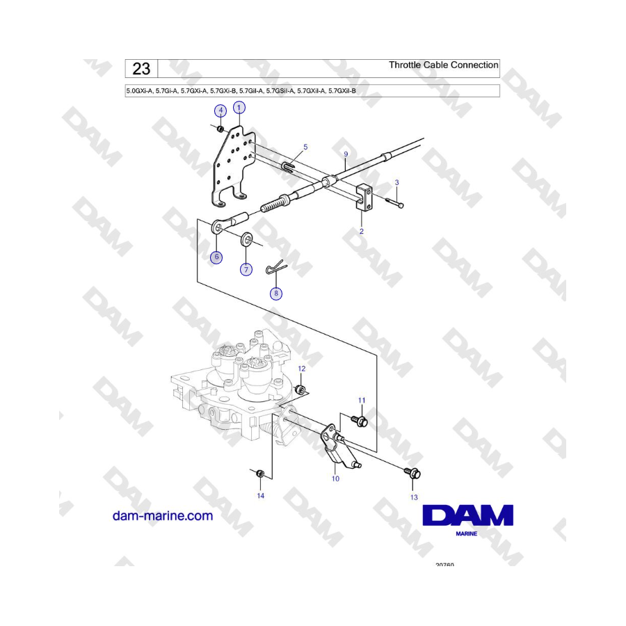 Volvo Penta 5.0GXi-A, 5.7Gi-A, 5.7GXi-A, 5.7GXi-B, 5.7GiI-A, 5.7GSiI-A, 5.7GXiI-A, 5.7GXiI-B - Throttle Cable Connection