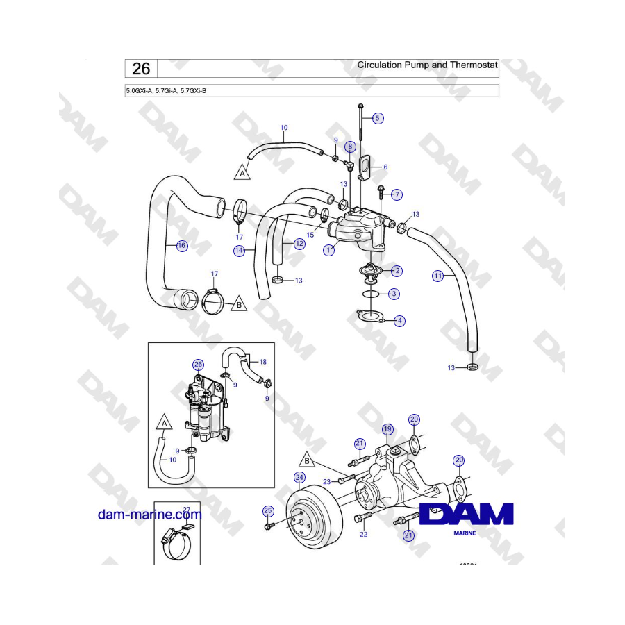 Volvo Penta 5.0GXi-A, 5.7Gi-A, 5.7GXi-B - Circulation Pump and Thermostat