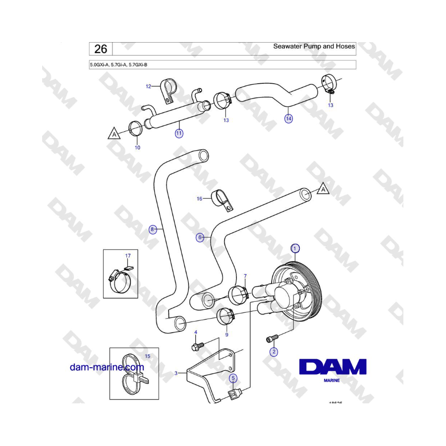 Volvo Penta 5.0GXi-A, 5.7Gi-A, 5.7GXi-B - Seawater Pump and Hoses