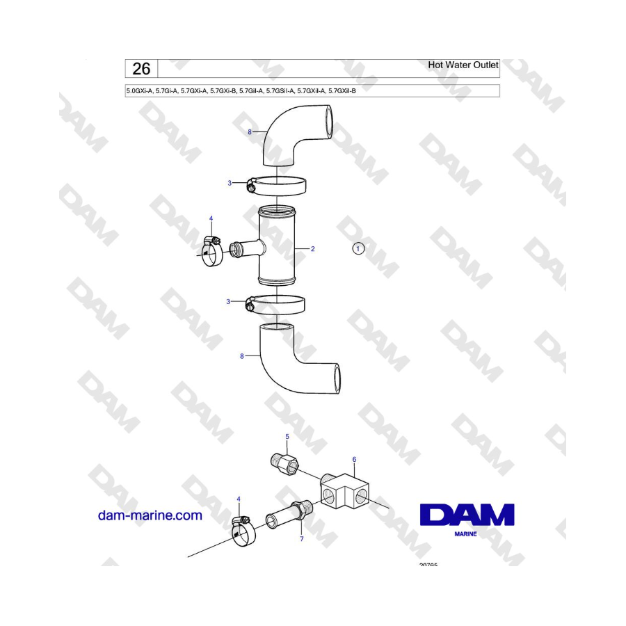 Volvo Penta 5.0GXi-A, 5.7Gi-A, 5.7GXi-A, 5.7GXi-B, 5.7GiI-A, 5.7GSiI-A, 5.7GXiI-A, 5.7GXiI-B - Hot Water Outlet