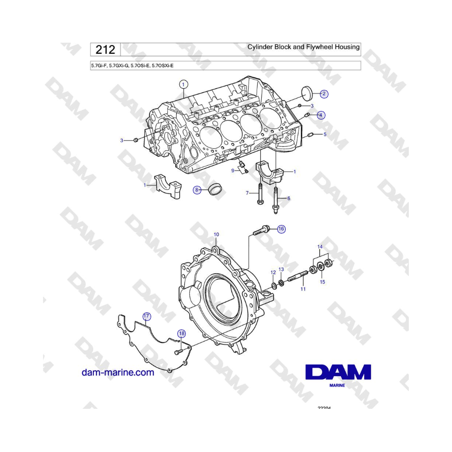 Volvo Penta 5.7Gi-F, 5.7GXi-G, 5.7OSi-E, 5.7OSXi-E - Cylinder Block and Flywheel Housing