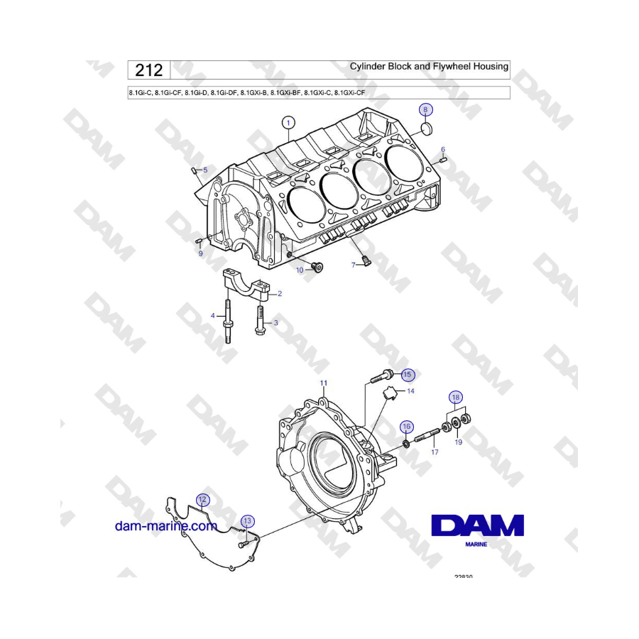 Volvo Penta 8.1Gi-C, 8.1Gi-CF, 8.1Gi-D, 8.1Gi-DF, 8.1GXi-B, 8.1GXi-BF, 8.1GXi-C, 8.1GXi-CF - Cylinder Block and Flywheel Housing