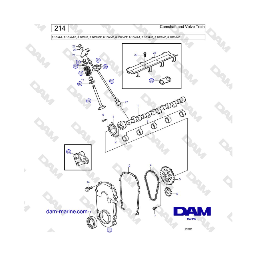 Volvo Penta 8.1GXi-A, 8.1GXi-AF, 8.1GXi-B, 8.1GXi-BF, 8.1GXi-C, 8.1GXi-CF - Camshaft and Valve Train