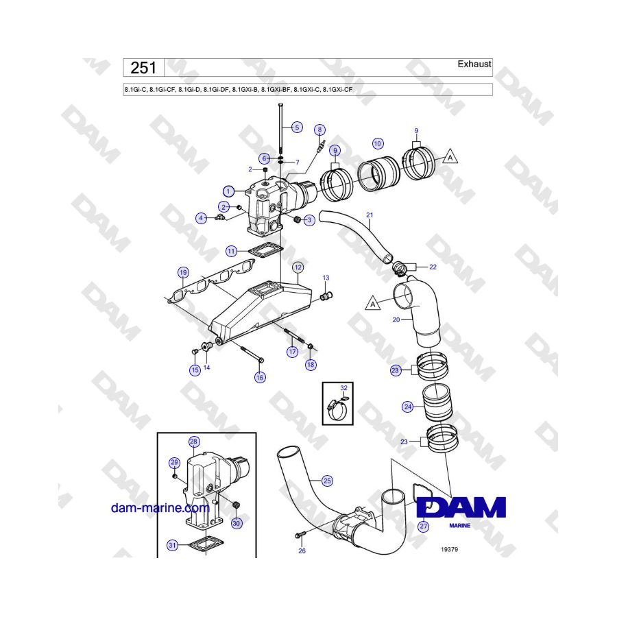 Volvo Penta 8.1Gi-C, 8.1Gi-CF, 8.1Gi-D, 8.1Gi-DF, 8.1GXi-B, 8.1GXi-BF, 8.1GXi-C, 8.1GXi-CF - Exhaust 