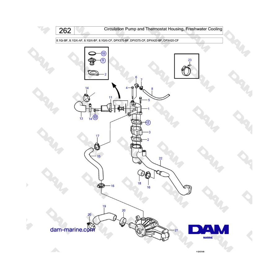 Volvo Penta 8.1Gi-BF, 8.1GXi-AF, 8.1GXi-BF, 8.1GXi-CF - Circulation Pump and Thermostat Housing, Freshwater Cooling