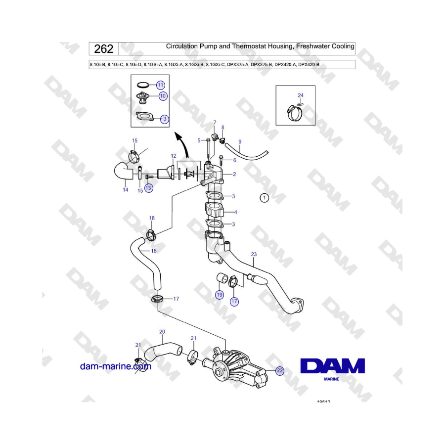 Volvo Penta 8.1Gi-B, 8.1Gi-C, 8.1Gi-D, 8.1GSi-A, 8.1GXi-A, 8.1GXi-B, 8.1GXi-C - Circulation Pump and Thermostat Housing