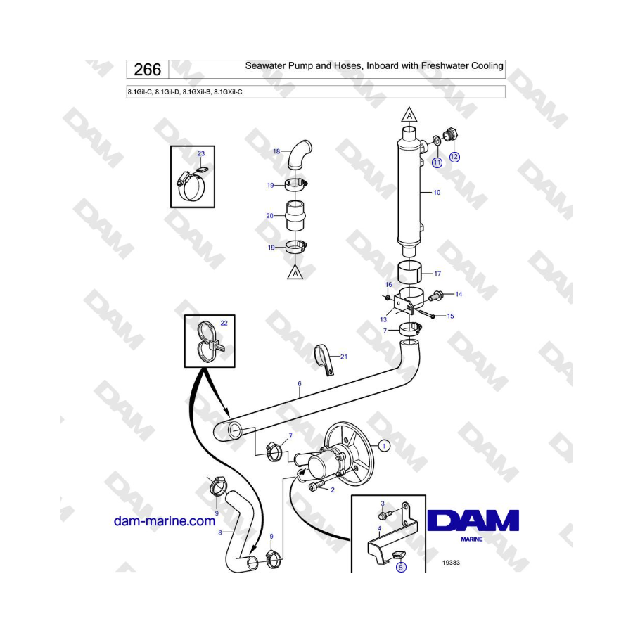 Volvo Penta 8.1GiI-C, 8.1GiI-D, 8.1GXiI-B, 8.1GXiI-C - Seawater Pump and Hoses, Inboard with Freshwater Cooling