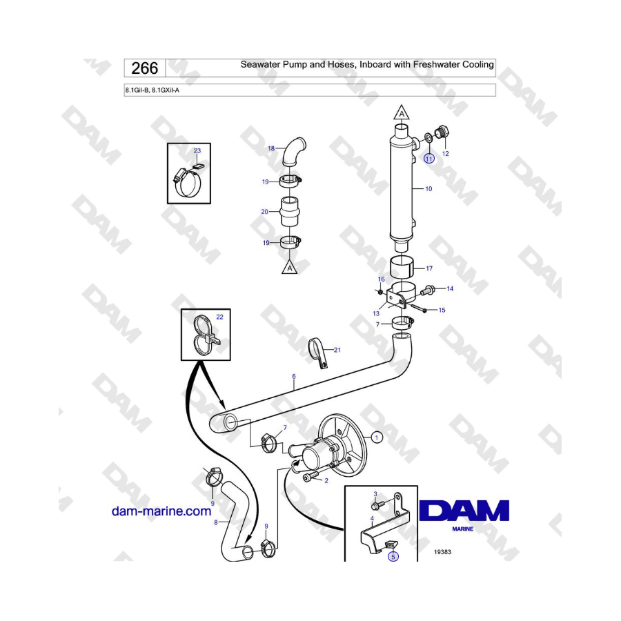 Volvo Penta 8.1GiI-B, 8.1GXiI-A - Seawater Pump and Hoses, Inboard with Freshwater Cooling