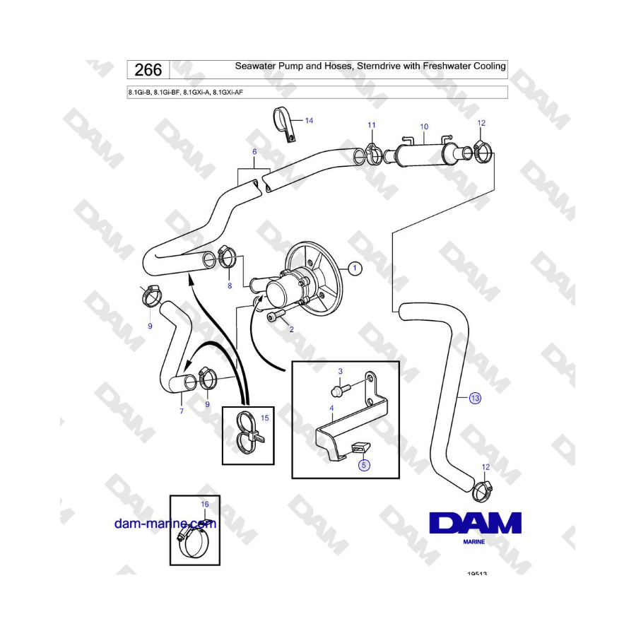 Volvo Penta 8.1Gi-B, 8.1Gi-BF, 8.1GXi-A, 8.1GXi-AF - Seawater Pump and Hoses, Sterndrive with Freshwater Cooling