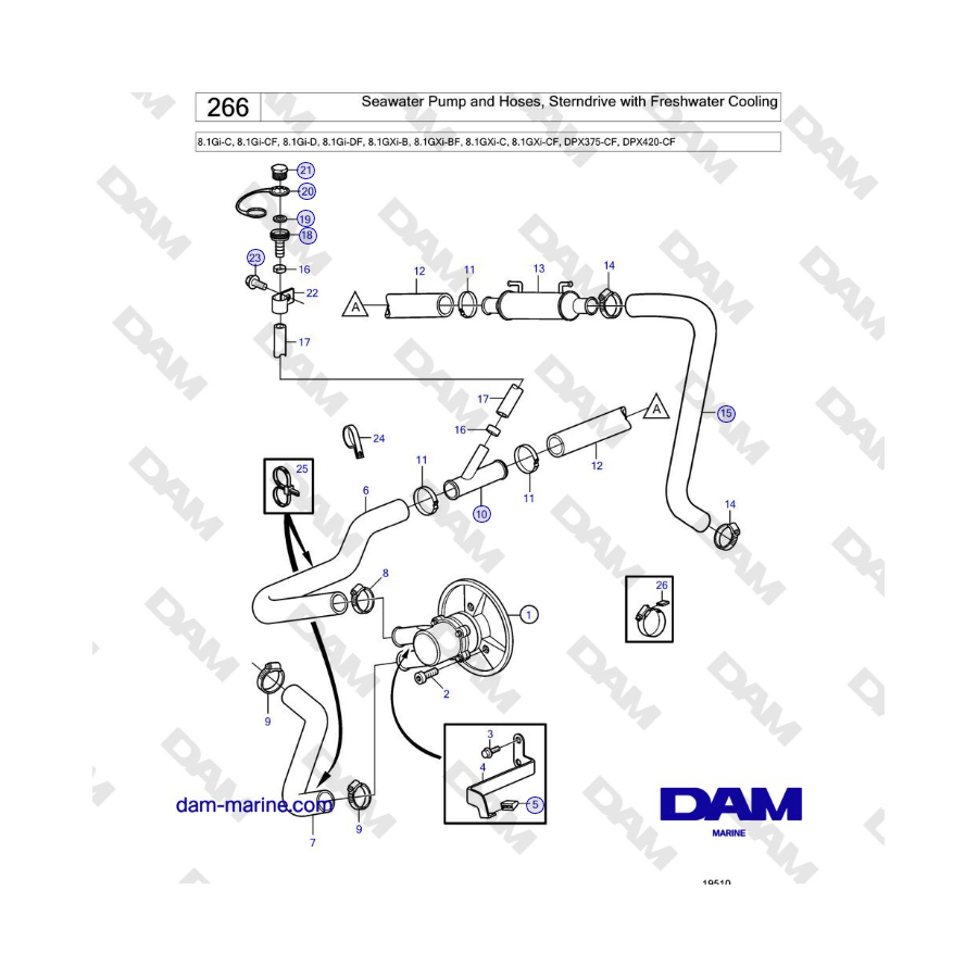 Volvo Penta 8.1Gi-C, 8.1Gi-CF, 8.1Gi-D, 8.1GXi-B, 8.1GXi-C - Seawater Pump and Hoses, Sterndrive with Freshwater Cooling