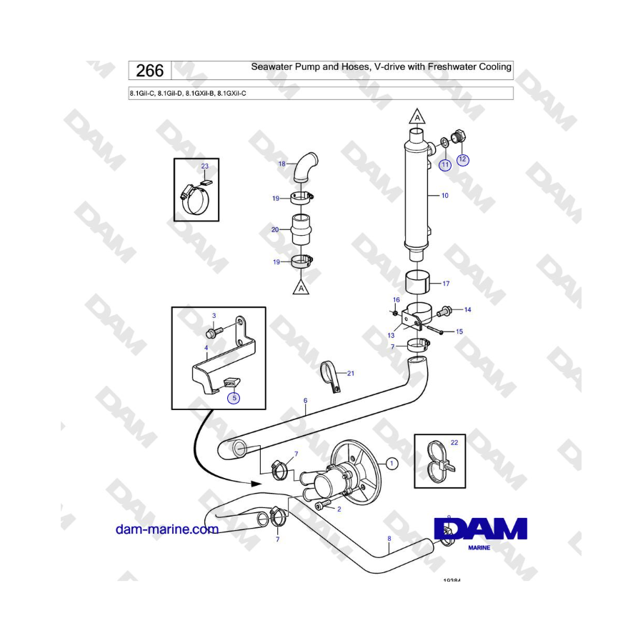 Volvo Penta 8.1GiI-C, 8.1GiI-D, 8.1GXiI-B, 8.1GXiI-C - Seawater Pump and Hoses, V-drive with Freshwater Cooling