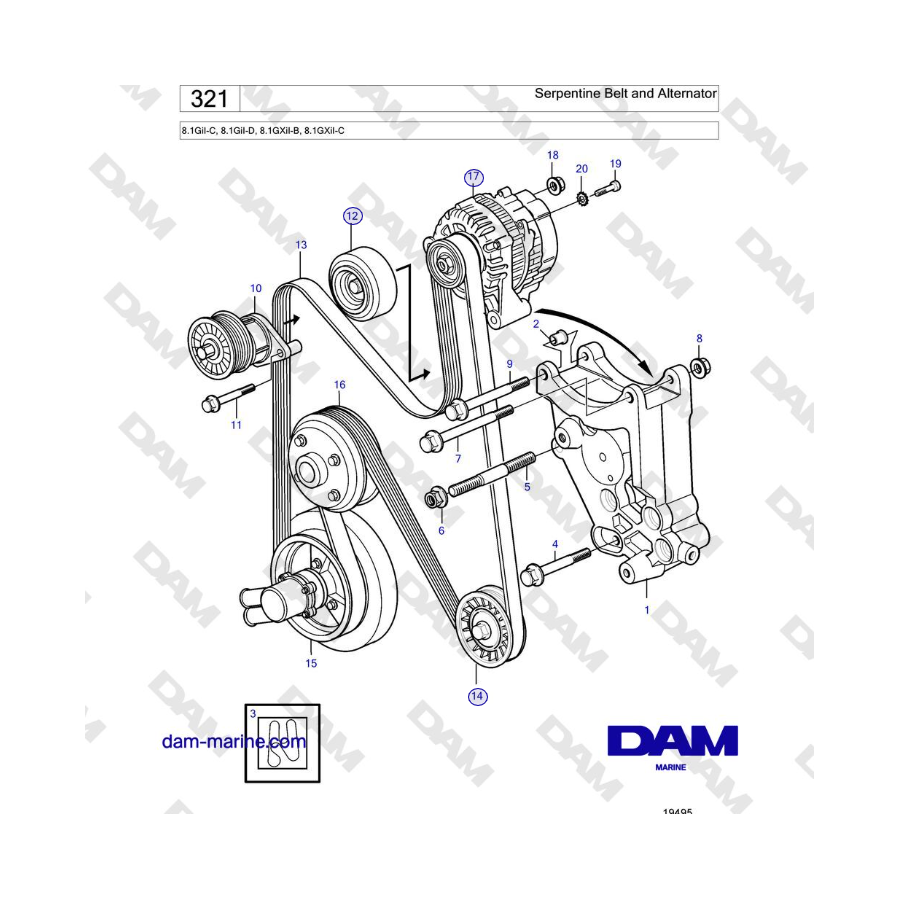 Volvo Penta 8.1GiI-C, 8.1GiI-D, 8.1GXiI-B, 8.1GXiI-C - Serpentine Belt and Alternator