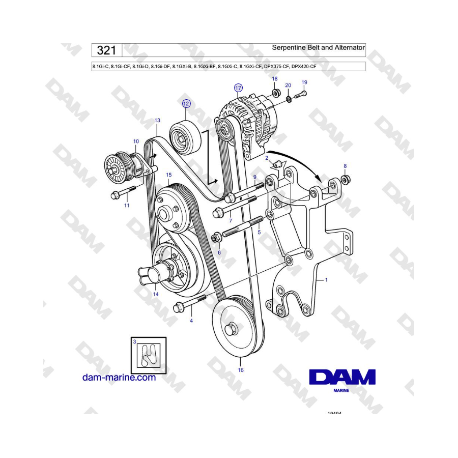 Volvo Penta 8.1Gi-C, 8.1Gi-CF, 8.1Gi-D, 8.1Gi-DF, 8.1GXi-B, 8.1GXi-BF, 8.1GXi-C - Serpentine Belt and Alternator