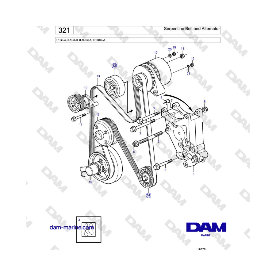 Volvo Penta 8.1GiI-A, 8.1GiI-B, 8.1GSiI-A, 8.1GXiI-A - Serpentine Belt and Alternator