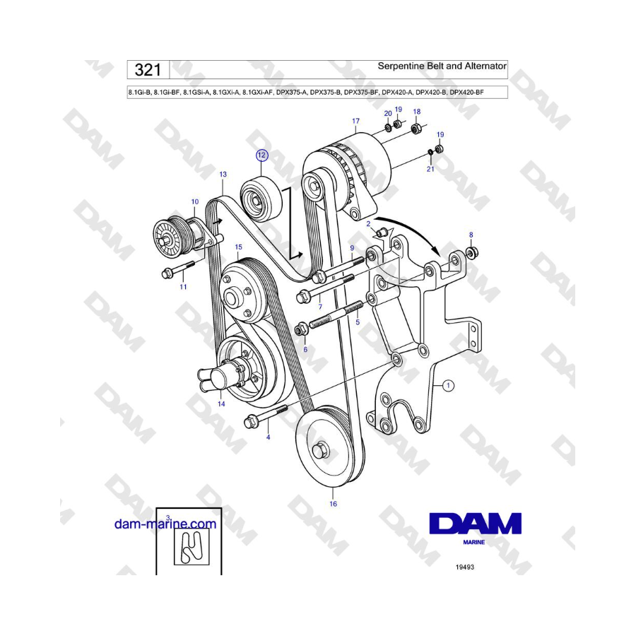 Volvo Penta 8.1Gi-B, 8.1Gi-BF, 8.1GSi-A, 8.1GXi-A, 8.1GXi-AF - Serpentine Belt and Alternator