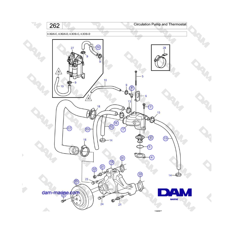 Volvo Penta 4.3GXi-C, 4.3GXi-D, 4.3OSi-C, 4.3OSi-D - Circulation Pump and Thermostat