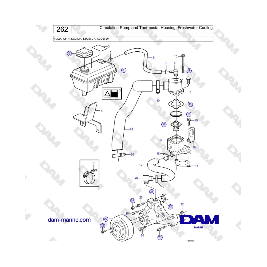 Volvo Penta 4.3GXi-CF, 4.3GXi-DF, 4.3OSi-CF, 4.3OSi-DF - Circulation Pump and Thermostat Housing, Freshwater Cooling