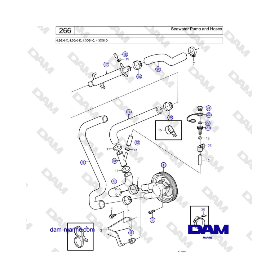 Volvo Penta 4.3GXi-C, 4.3GXi-D, 4.3OSi-C, 4.3OSi-D - Seawater Pump and Hoses