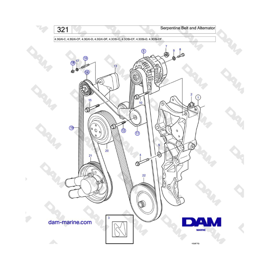 Volvo Penta 4.3GXi-C, 4.3GXi-CF, 4.3GXi-D, 4.3GXi-DF, 4.3OSi-C, 4.3OSi-CF, 4.3OSi-D, 4.3OSi-DF - Serpentine Belt and Alternator