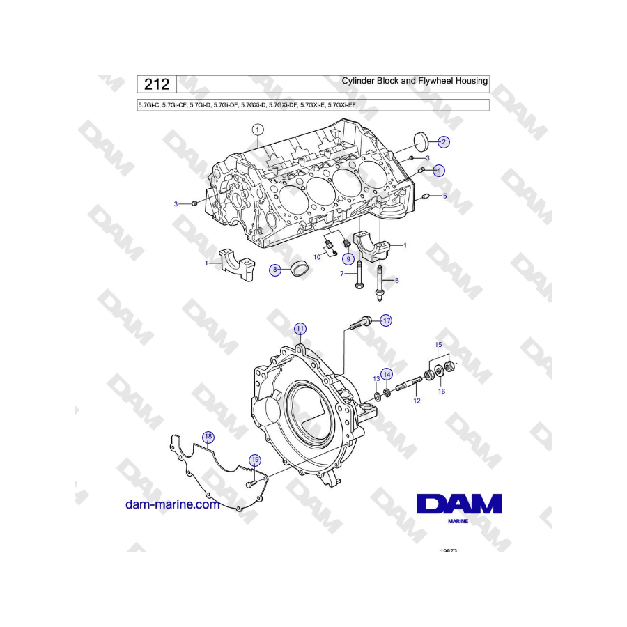 Volvo Penta 5.7GXi-E, 5.7GXi-EF - Cylinder Block and Flywheel Housing