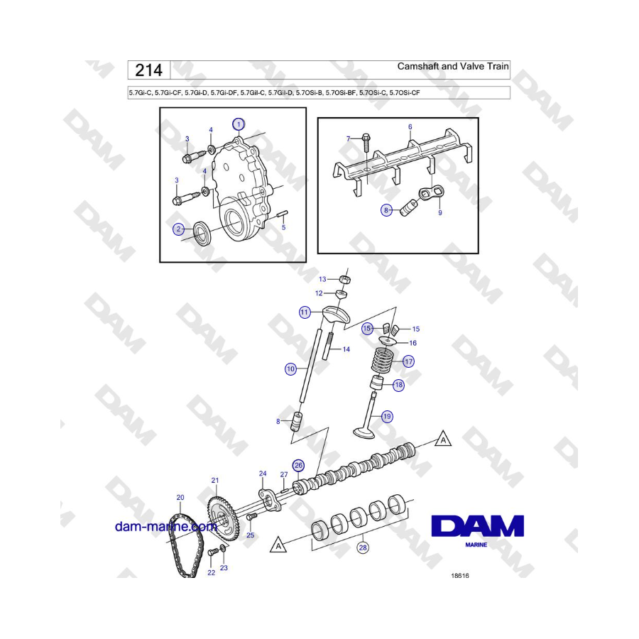 Volvo Penta 5.7Gi-C, 5.7Gi-CF, 5.7Gi-D, 5.7Gi-DF, 5.7GiI-C, 5.7GiI-D, 5.7OSi-B, 5.7OSi-BF - Camshaft and Valve Train 