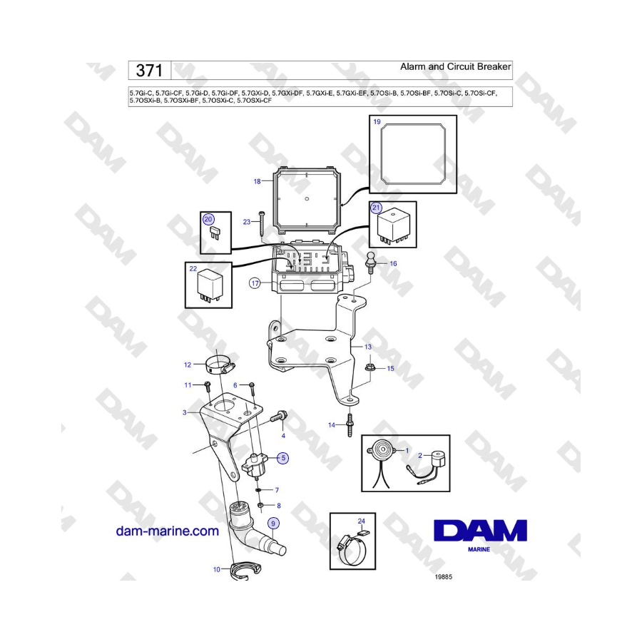 Volvo Penta 5.7Gi-C, 5.7Gi-CF, 5.7Gi-D, 5.7Gi-DF, 5.7GXi-D, 5.7GXi-DF, 5.7GXi-E - Alarm and Circuit Breaker