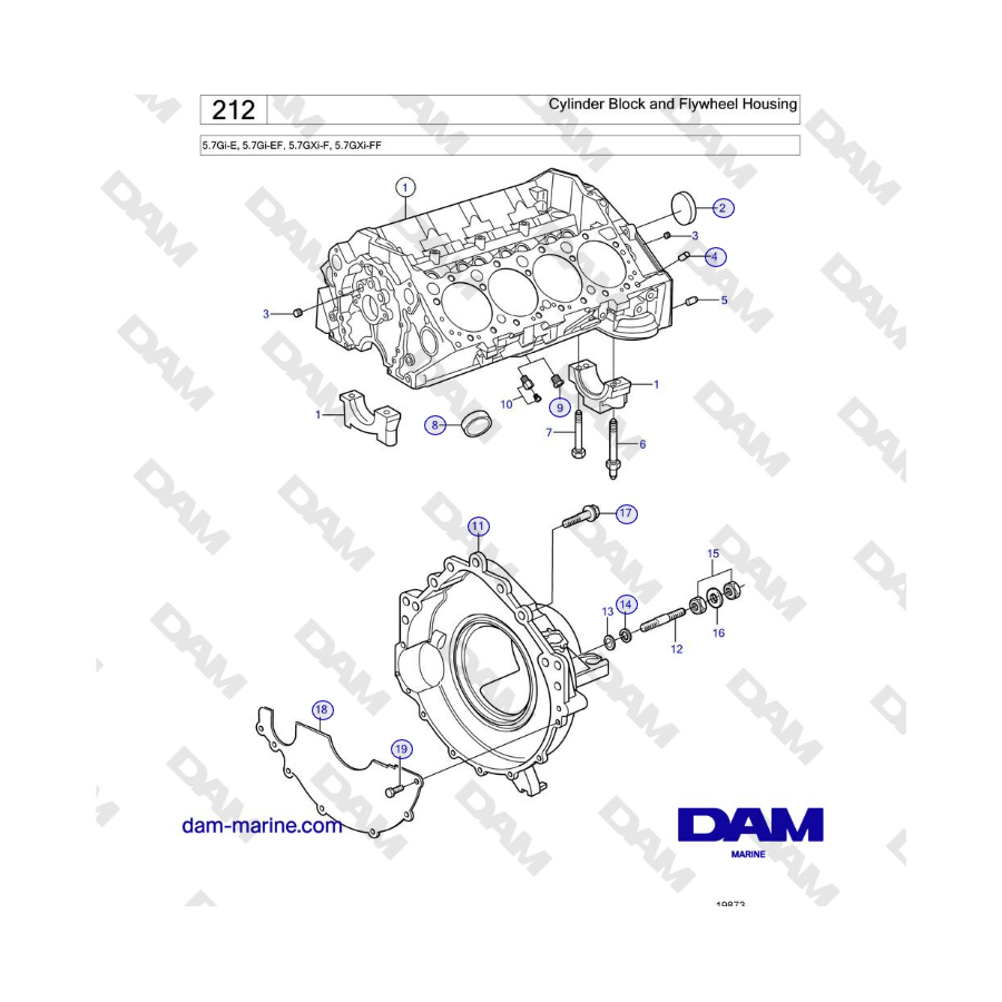 Volvo Penta 5.7Gi-E, 5.7Gi-EF, 5.7GXi-F, 5.7GXi-FF - Cylinder Block and Flywheel Housing