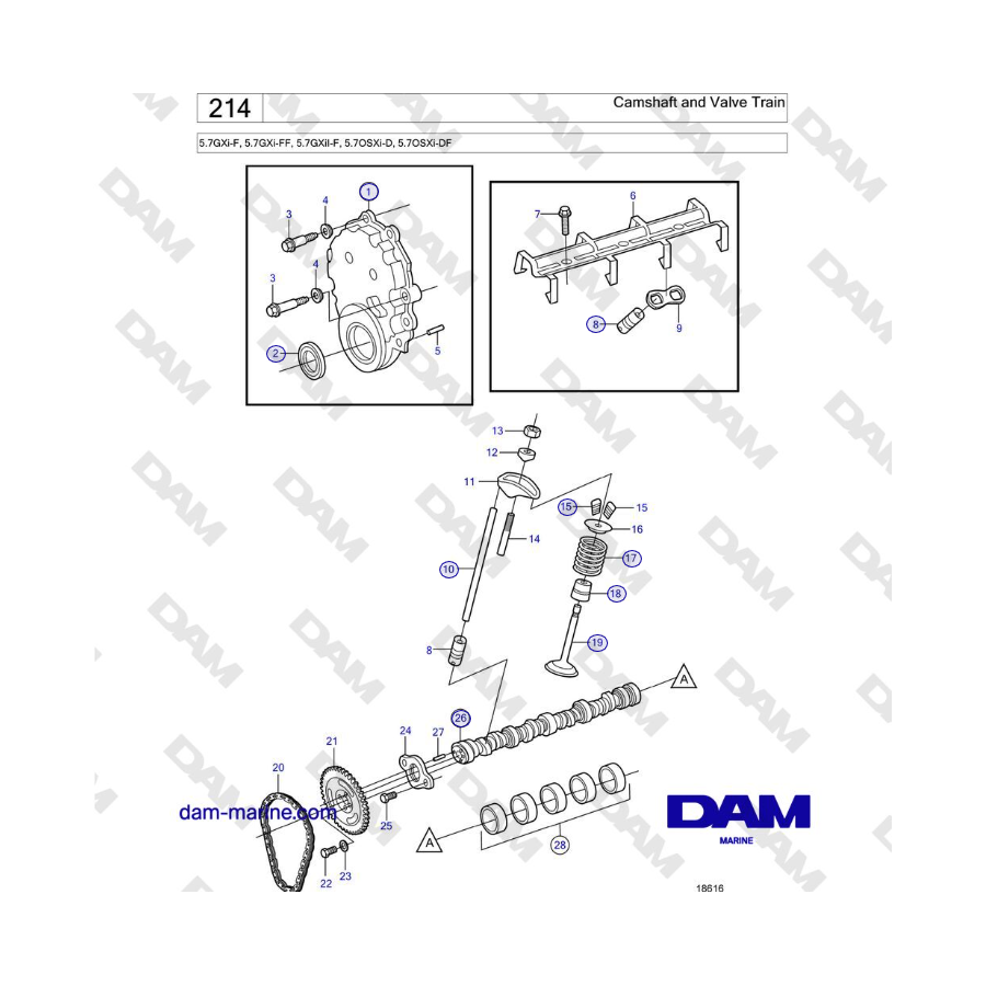 Volvo Penta 5.7GXi-F, 5.7GXi-FF, 5.7GXiI-F, 5.7OSXi-D, 5.7OSXi-DF - Camshaft and Valve Train