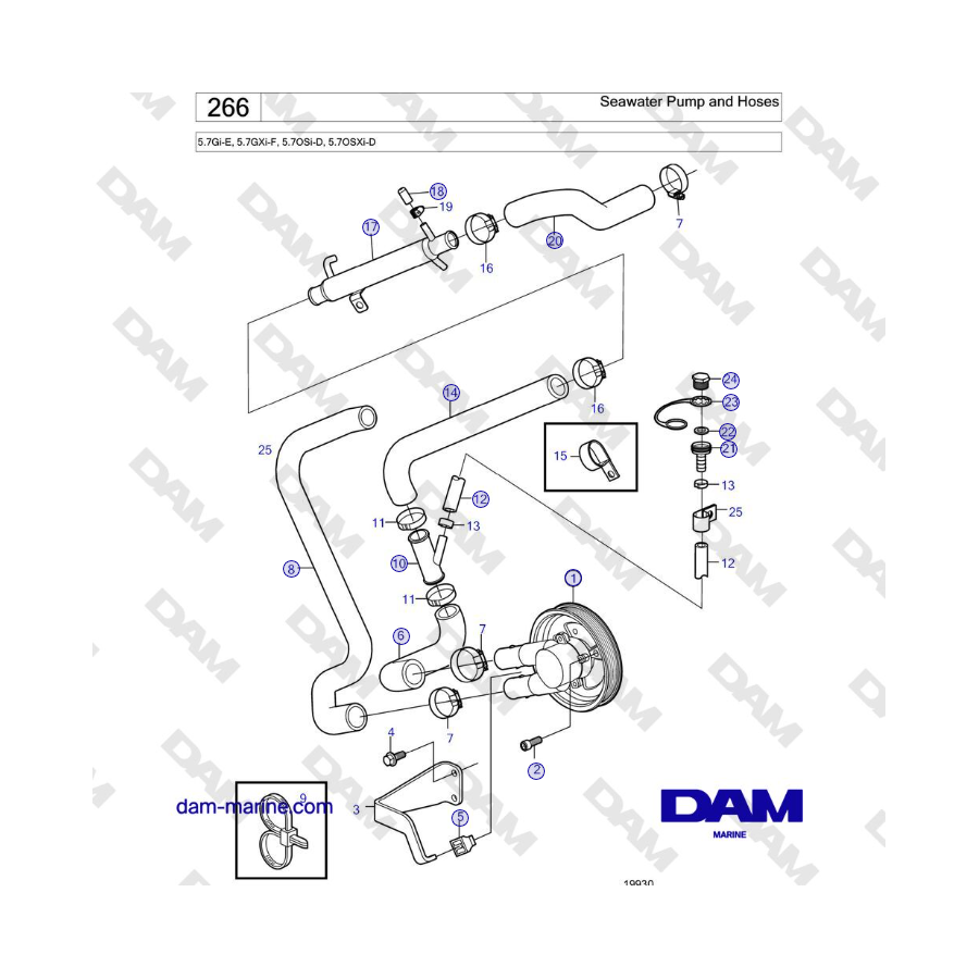 Volvo Penta 5.7Gi-E, 5.7GXi-F, 5.7OSi-D, 5.7OSXi-D - Seawater Pump and Hoses