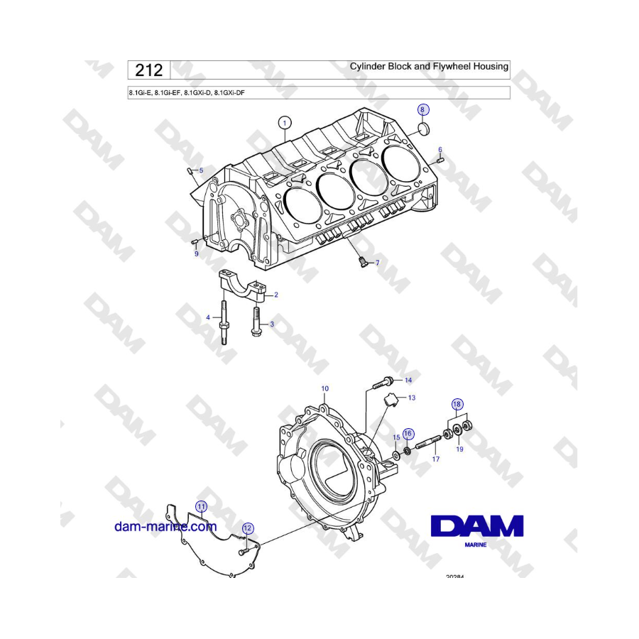 Volvo Penta 8.1Gi-E, 8.1Gi-EF, 8.1GXi-D, 8.1GXi-DF - Cylinder Block and Flywheel Housing 