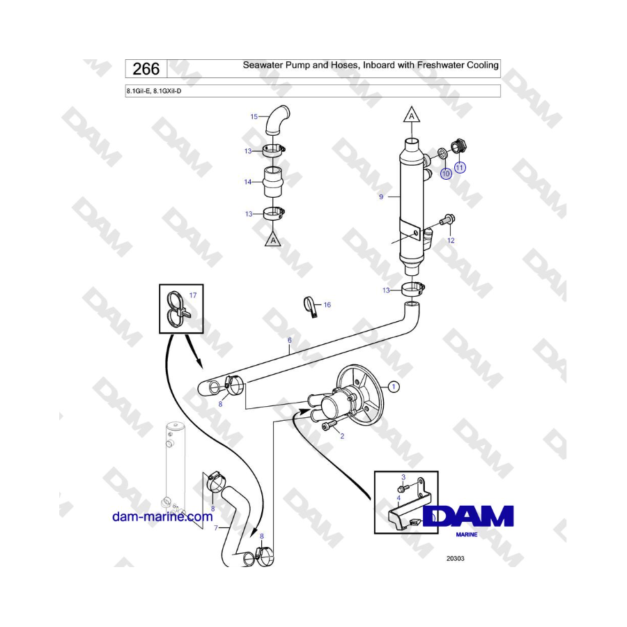 Volvo Penta 8.1GiI-E, 8.1GXiI-D - Seawater Pump and Hoses, Inboard with Freshwater Cooling