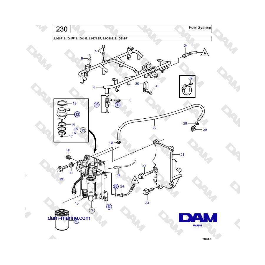 Volvo Penta 8.1Gi-F, 8.1Gi-FF, 8.1GXi-E, 8.1GXi-EF, 8.1OSi-B, 8.1OSi-BF - Fuel System