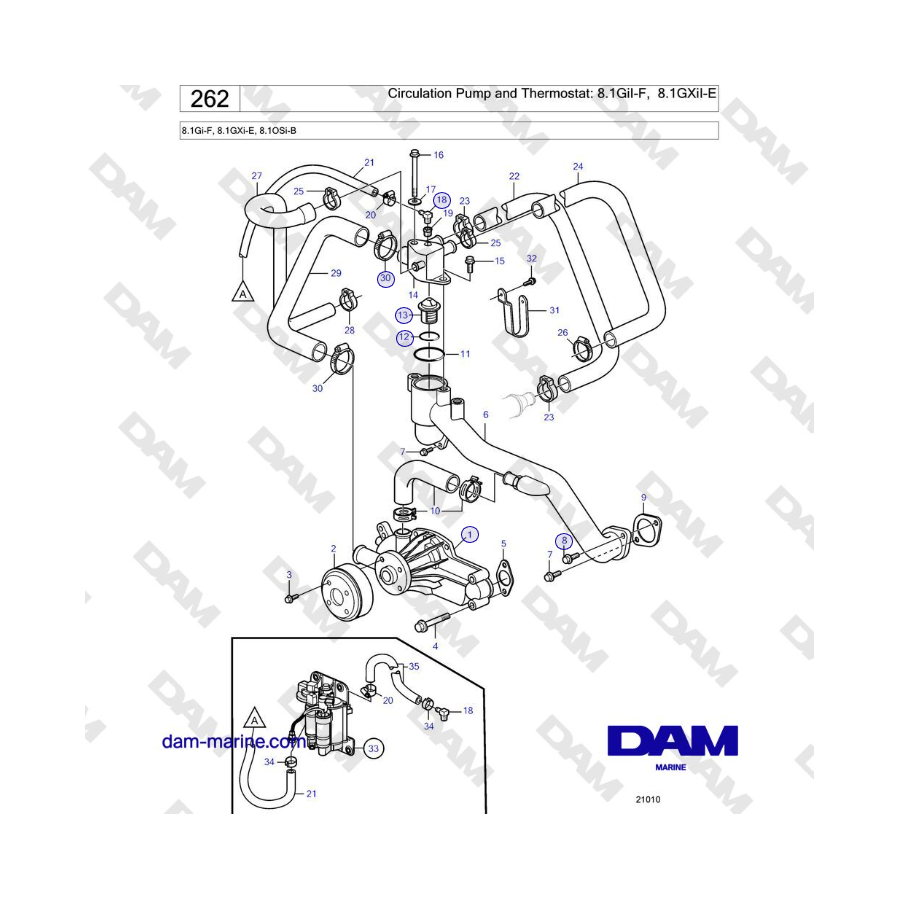 Volvo Penta 8.1Gi-F, 8.1GXi-E, 8.1OSi-B - Circulation Pump and Thermostat: 8.1GiI-F