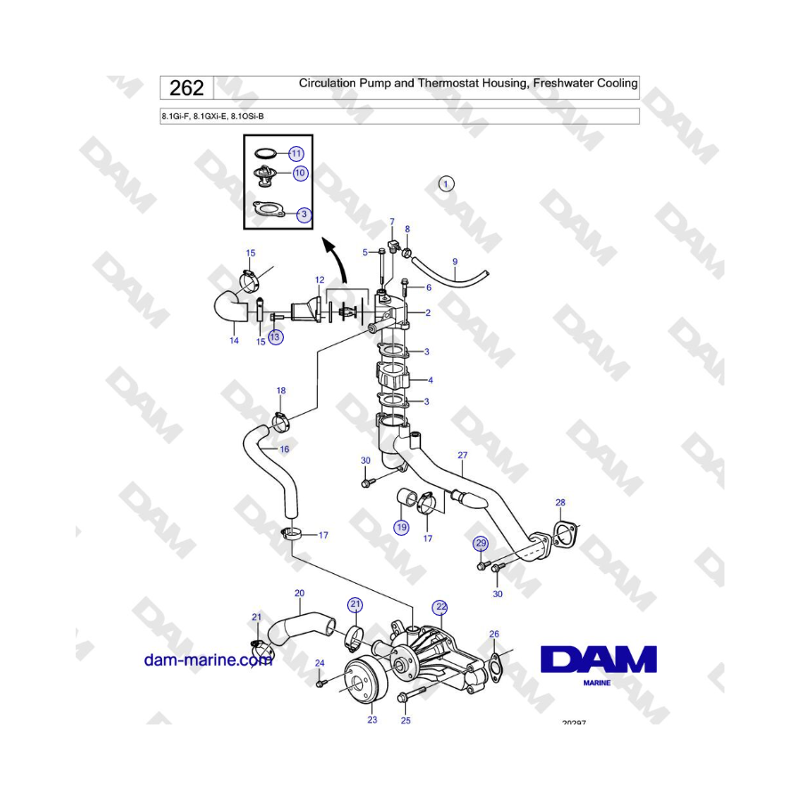 Volvo Penta 8.1Gi-F, 8.1GXi-E, 8.1OSi-B - Circulation Pump and Thermostat Housing, Freshwater Cooling