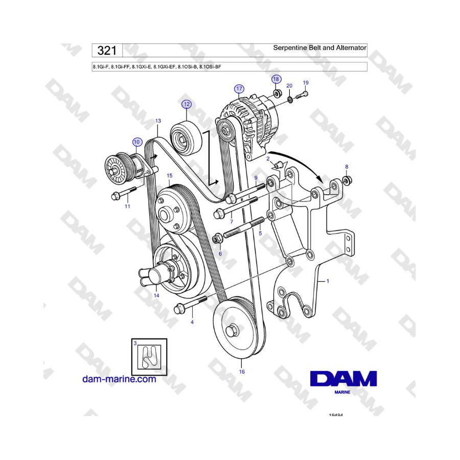 Volvo Penta 8.1Gi-F, 8.1Gi-FF, 8.1GXi-E, 8.1GXi-EF - Serpentine Belt and Alternator 