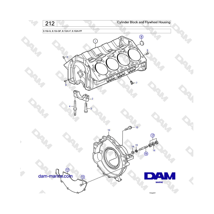 Volvo Penta 8.1Gi-G, 8.1Gi-GF, 8.1GXi-F, 8.1GXi-FF - Cylinder Block and Flywheel Housing