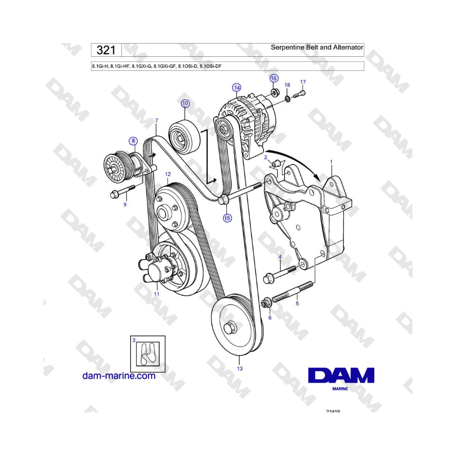 Volvo Penta 8.1Gi-H, 8.1Gi-HF, 8.1GXi-G, 8.1GXi-GF, 8.1OSi-D, 8.1OSi-DF - Serpentine Belt and Alternator