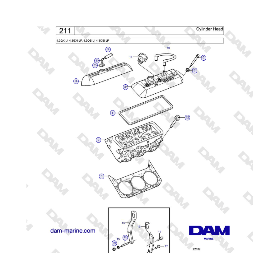 Volvo Penta 4.3GXi-J, 4.3GXi-JF, 4.3OSi-J, 4.3OSi-JF - Cylinder Head