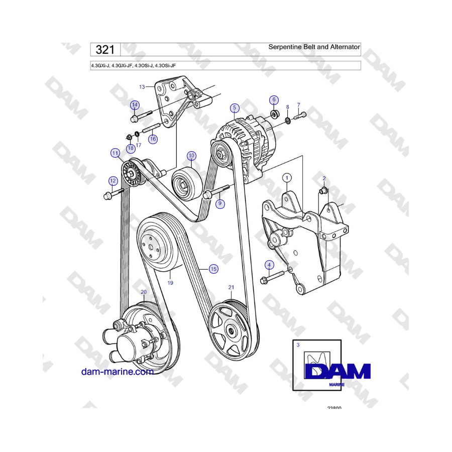 Volvo Penta 4.3GXi-J, 4.3GXi-JF, 4.3OSi-J, 4.3OSi-JF - Serpentine Belt and Alternator