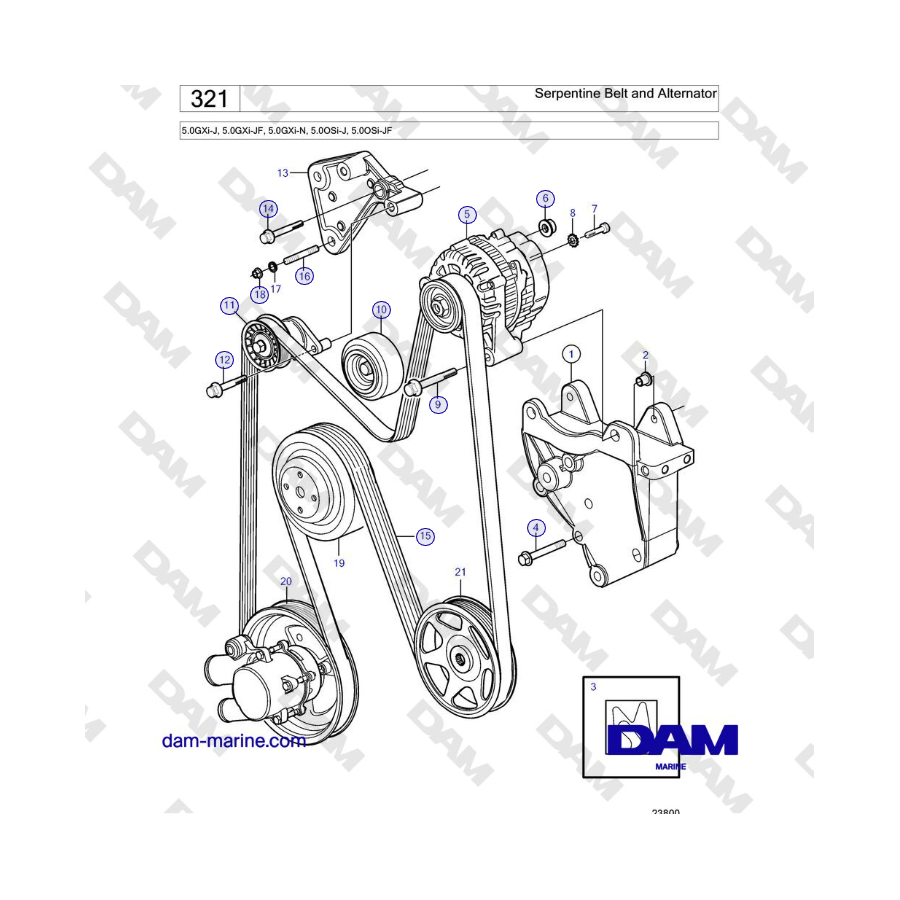 Volvo Penta 5.0GXi-J, 5.0GXi-JF, 5.0GXi-N, 5.0OSi-J, 5.0OSi-JF - Serpentine Belt and Alternator