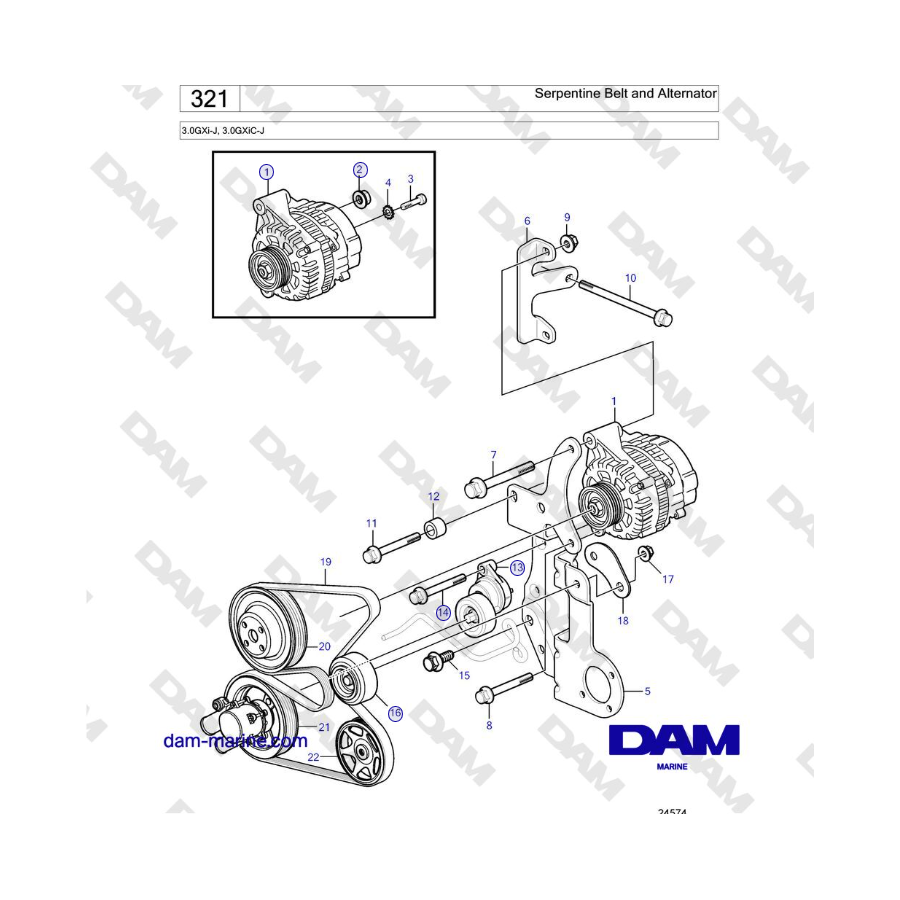 Volvo Penta 3.0GXi-J, 3.0GXiC-J - Serpentine Belt and Alternator