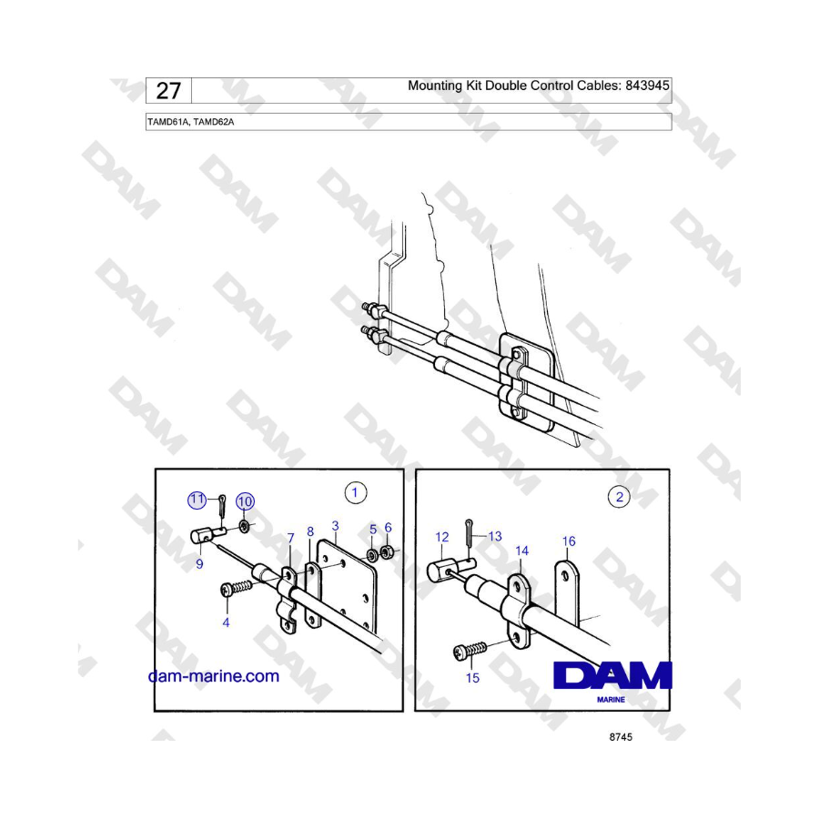 Volvo Penta TAMD61A, TAMD62A - Mounting Kit Double Control Cables: 843945