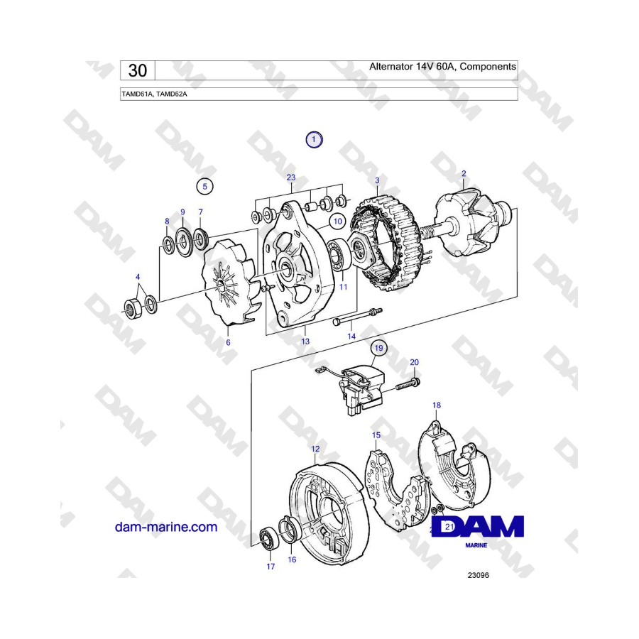 Volvo Penta TAMD61A, TAMD62A - Alternator 14V 60A, Components