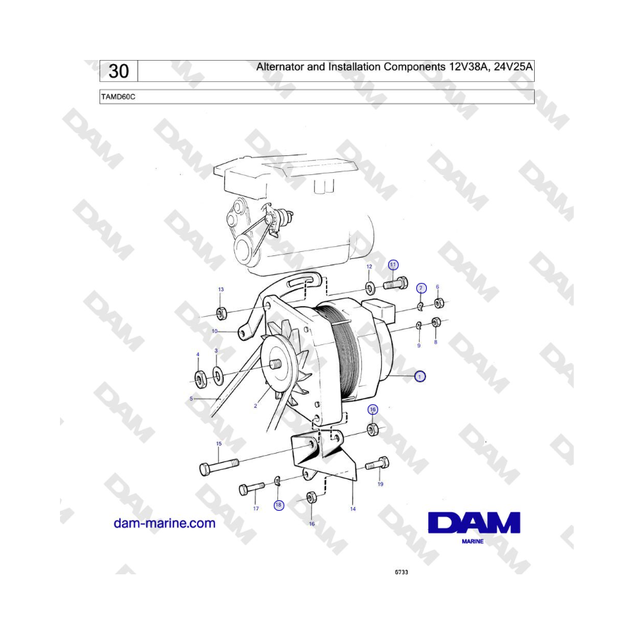 Volvo Penta TAMD60C - Alternator and Installation Components 12V38A, 24V25A